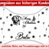 Personalisierter Hunde-Adventskalender in Knochenform mit dem Namen Balu, Hundeporträt, Weihnachtsbaum und Merry Christmas