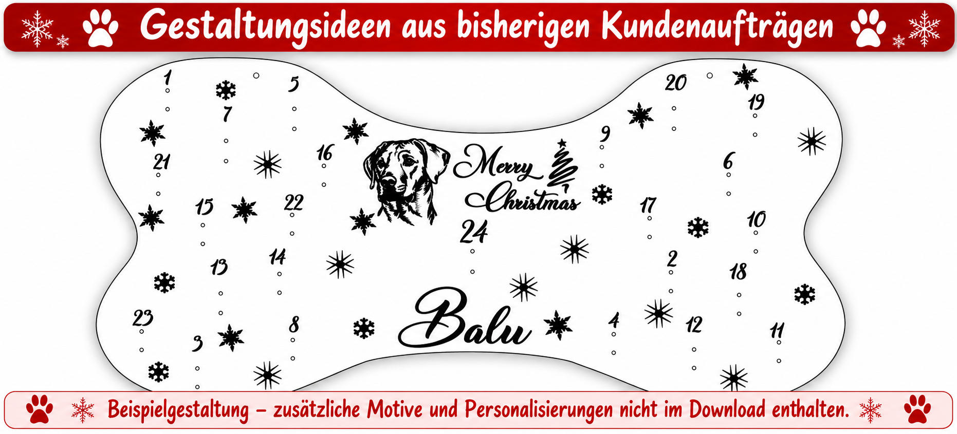 Personalisierter Hunde-Adventskalender in Knochenform mit dem Namen Balu, Hundeporträt, Weihnachtsbaum und Merry Christmas