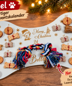 Fertiger Hunde-Adventskalender in Knochenform mit Hundeleckerlis und buntem Spielzeug – Gestaltungsbeispiel