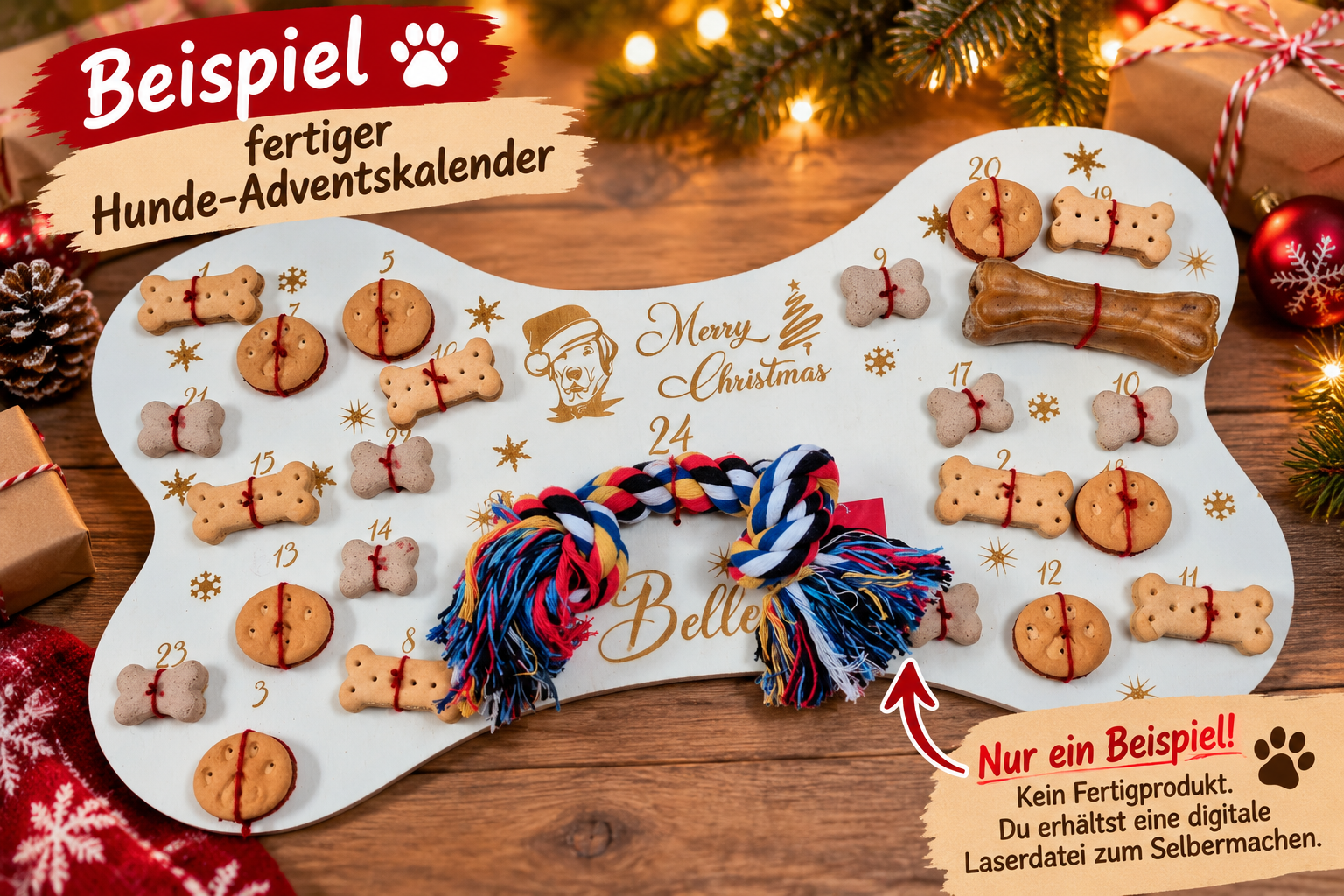 Fertiger Hunde-Adventskalender in Knochenform mit Hundeleckerlis und buntem Spielzeug – Gestaltungsbeispiel