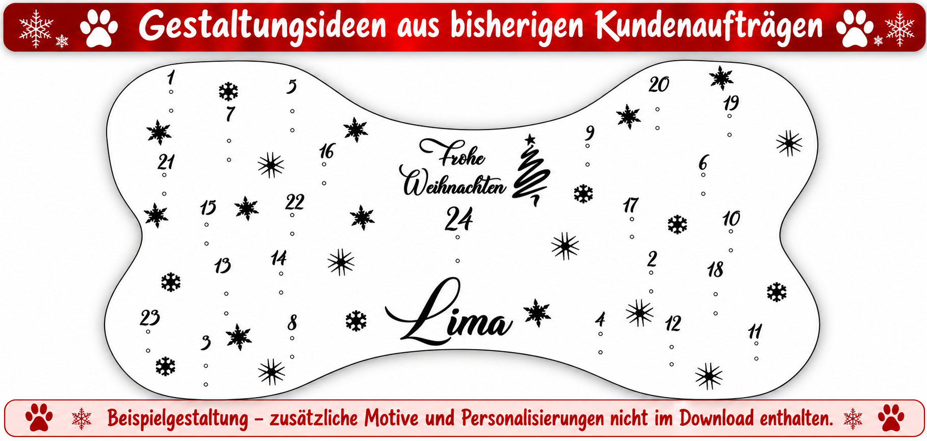 Personalisierter Hunde-Adventskalender in Knochenform mit dem Namen Lima, dem Schriftzug Frohe Weihnachten und festlichen Motiven