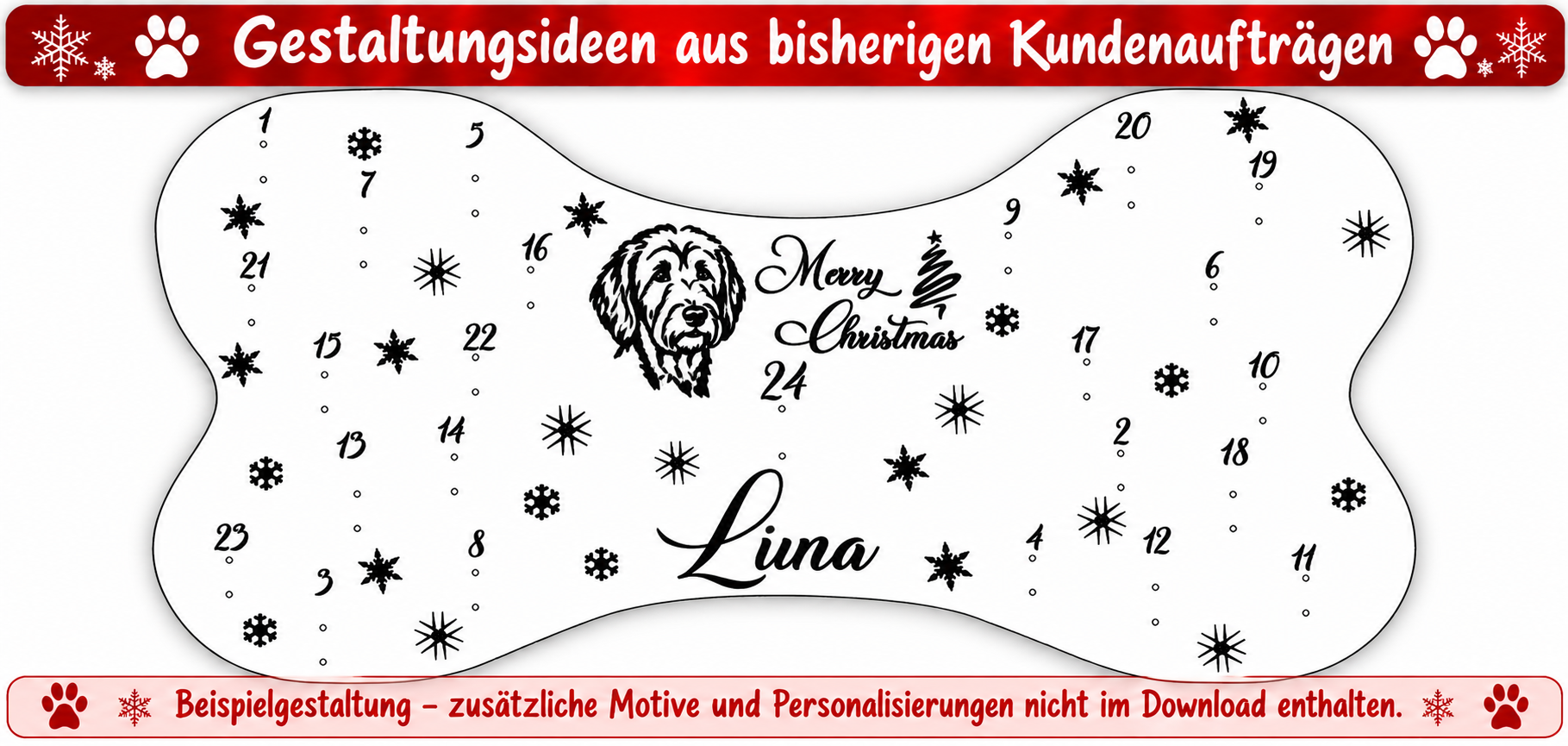 Personalisierter Hunde-Adventskalender in Knochenform mit dem Namen Luna, individuellem Hundeporträt und weihnachtlichen Motiven