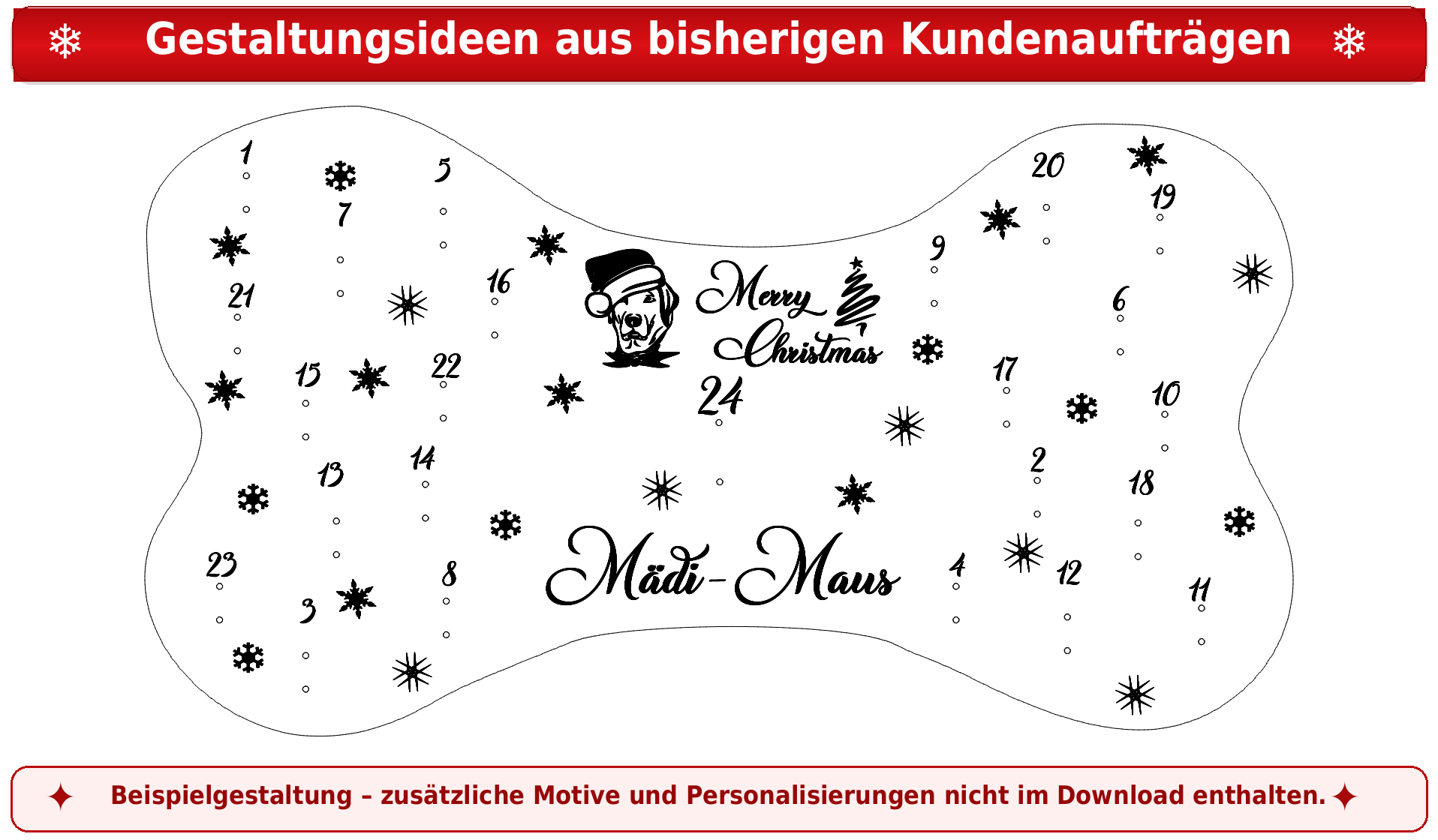 Personalisierter Hunde-Adventskalender in Knochenform mit dem Namen Mädi-Maus, Weihnachtsmotiven und 24 nummerierten Befestigungsstellen