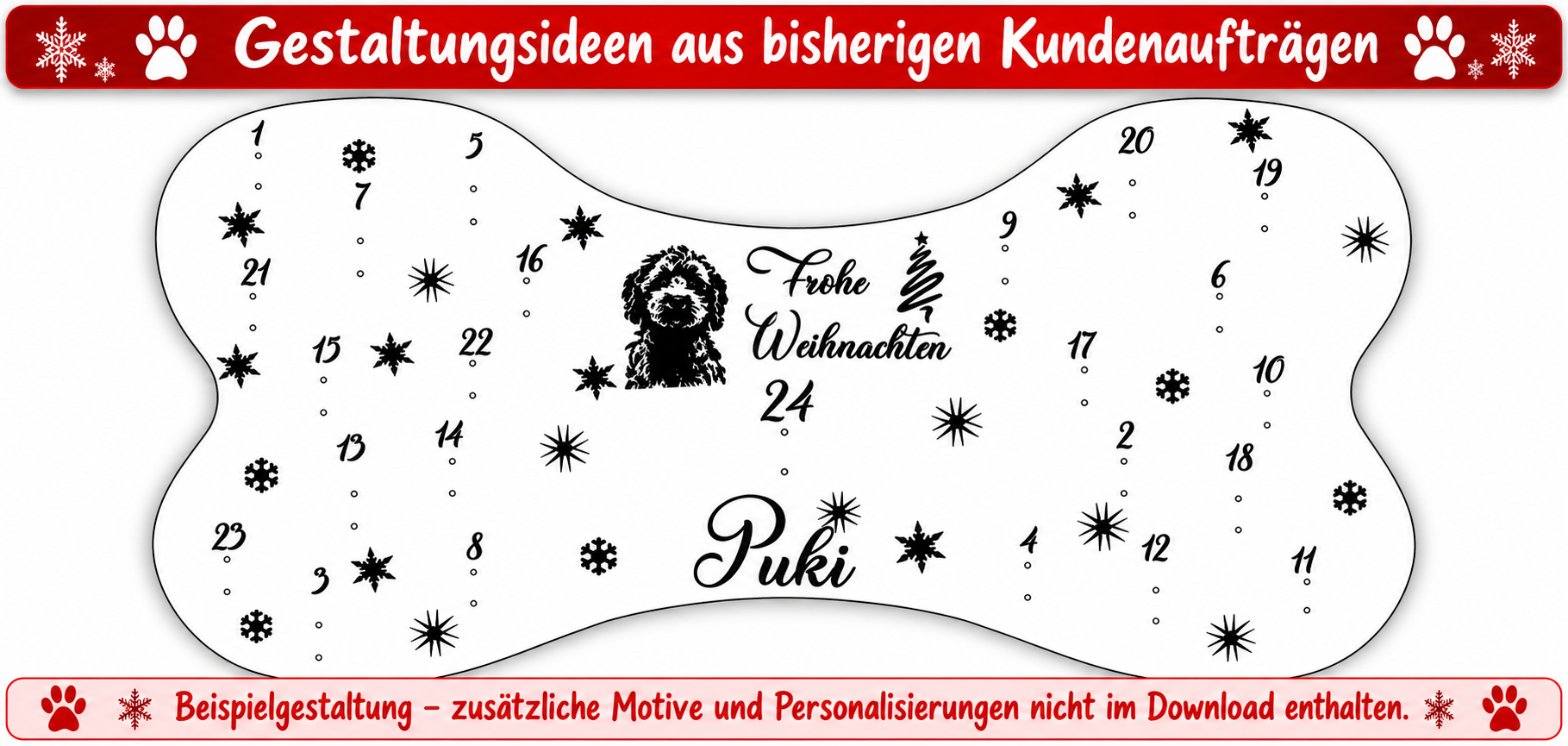 Personalisierter Hunde-Adventskalender in Knochenform mit dem Namen Puki, Hundeporträt und dem Schriftzug Frohe Weihnachten