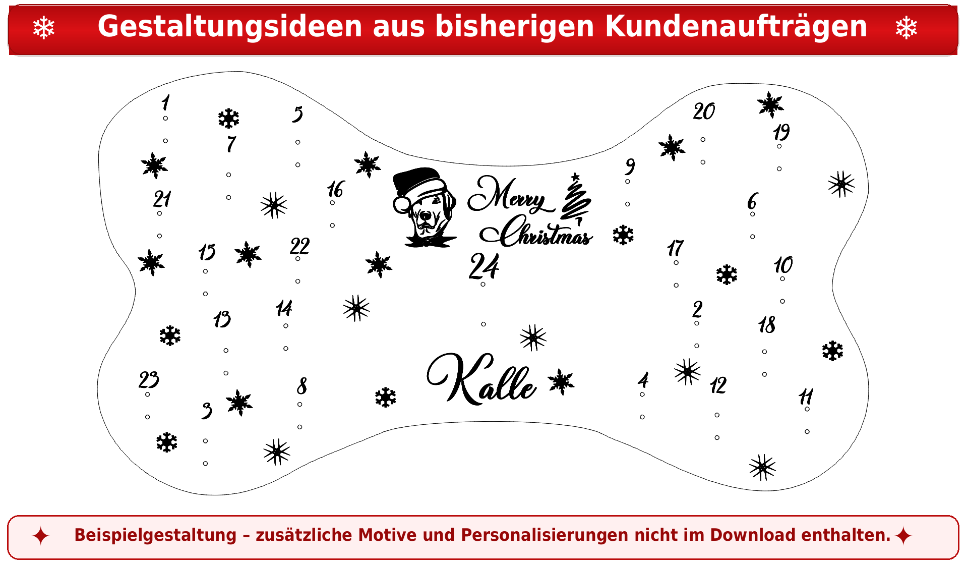 Personalisierter Hunde-Adventskalender in Knochenform mit dem Namen Kalle, Hundemotiv und weihnachtlichen Verzierungen