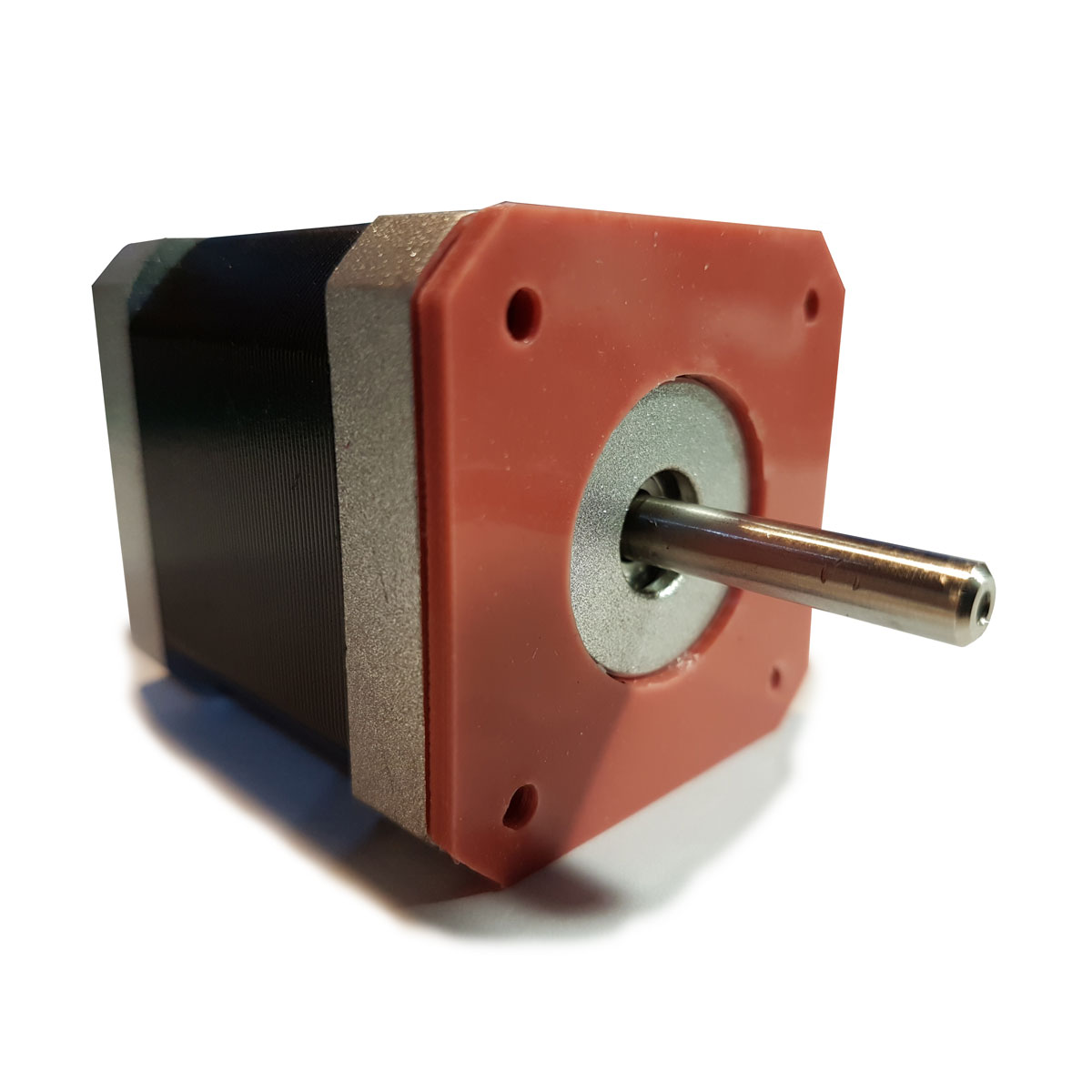 Schwarzer Schrittmotor mit rotem Silikondämpfer an der Motorfront und herausragender Motorwelle