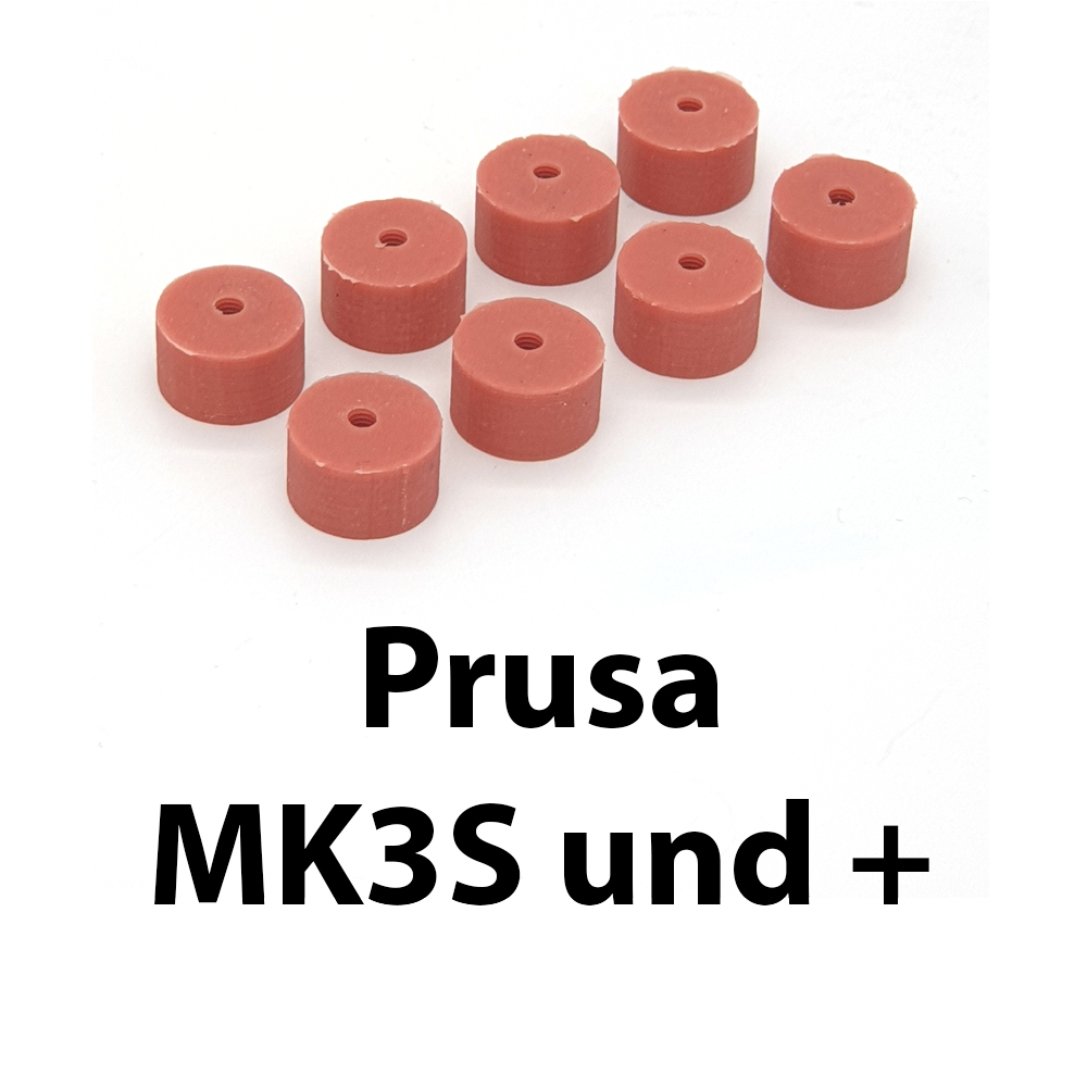 Acht rote Silikondämpfer für das Heizbett des Prusa MK3S und MK3S+